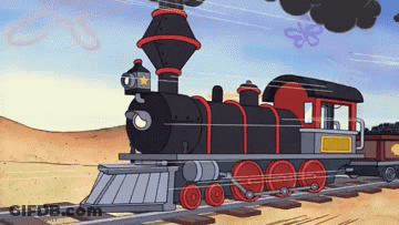 A Cartoon Train Is Going Down The Tracks With A Star On The Front GIF