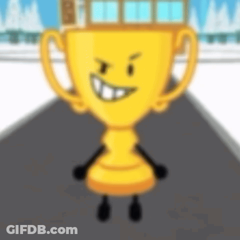 A Cartoon Trophy With A Face And Arms And Legs Is Smiling . GIF