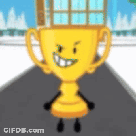 A Cartoon Trophy With A Face And Arms Is Smiling . GIF