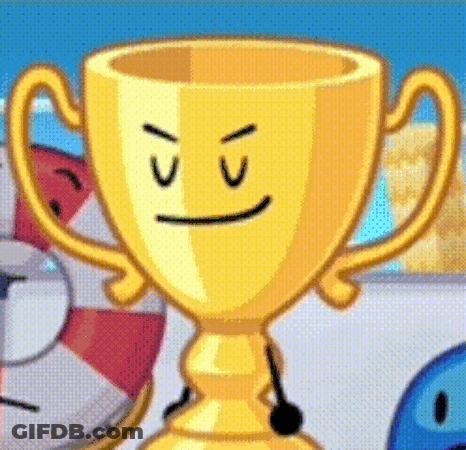 A Cartoon Trophy With A Face On It Is Standing Next To A Life Preserver . GIF