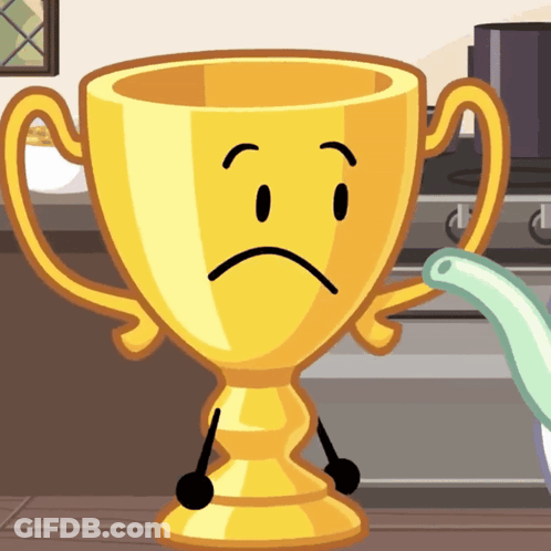A Cartoon Trophy With A Sad Face And Arms GIF