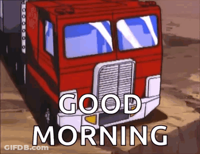 A Cartoon Truck With The Words `` Good Morning '' Written On It . GIF