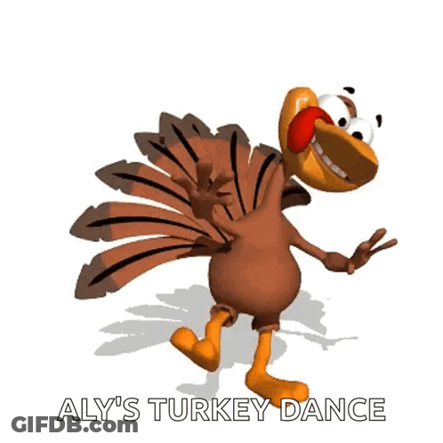 A Cartoon Turkey Dancing With The Words Aly 'S Turkey Dance Below It GIF