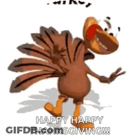 A Cartoon Turkey Is Dancing With The Words `` Happy Happy Thanksgiving ! '' GIF