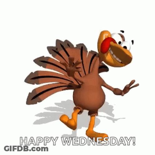 A Cartoon Turkey Is Dancing With The Words `` Happy Wednesday '' . GIF