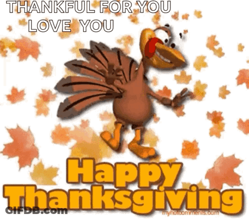 A Cartoon Turkey Is Standing In Front Of Leaves And Says Thankful For You Love You Happy Thanksgiving . GIF