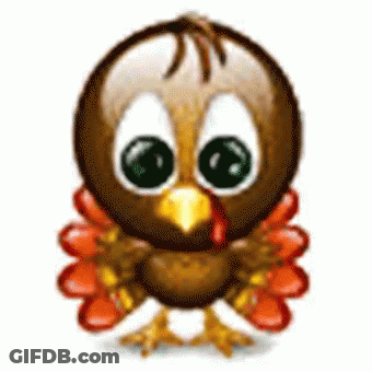 A Cartoon Turkey With Big Eyes And A Yellow Beak . GIF