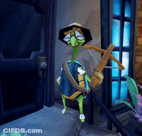 A Cartoon Turtle Is Holding A Bow And Arrow In A Doorway GIF