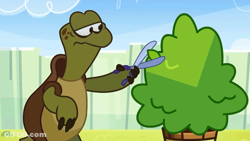 A Cartoon Turtle Is Holding A Pair Of Scissors And Cutting A Bush GIF