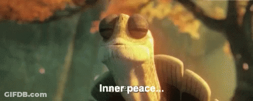A Cartoon Turtle Is Saying `` Inner Peace '' In Front Of A Tree . GIF