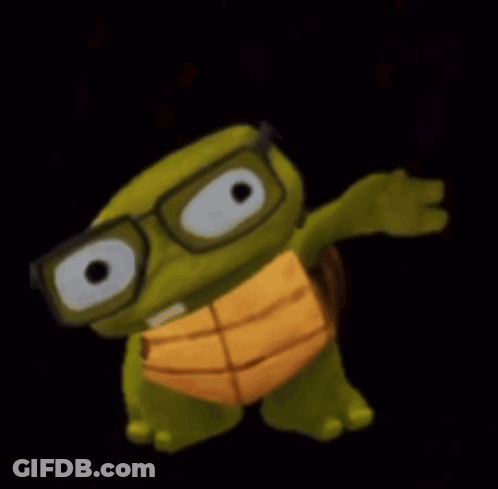 A Cartoon Turtle Wearing Glasses Is Standing In The Dark GIF