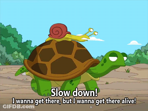A Cartoon Turtle With A Snail On Its Back And The Words Slow Down GIF