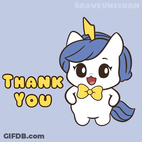 A Cartoon Unicorn Says Thank You With A Lightning Bolt On Its Head GIF