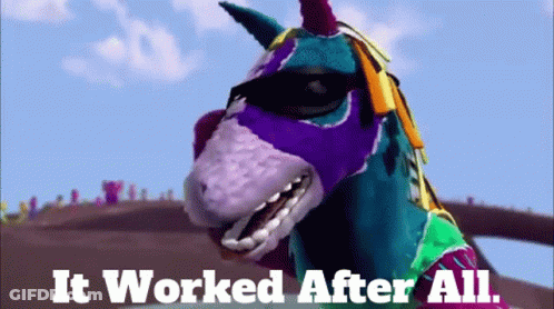 A Cartoon Unicorn Wearing Sunglasses And A Purple Mask Says It Worked After All GIF