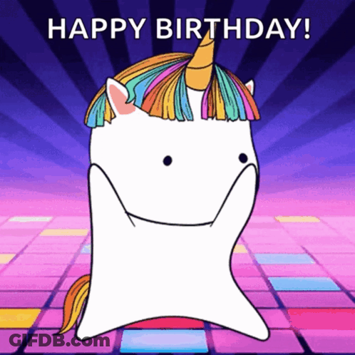 A Cartoon Unicorn With A Rainbow Mane And Horn Is Dancing With The Words Happy Birthday In The Background GIF