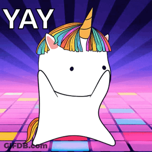 A Cartoon Unicorn With A Rainbow Mane Is Dancing And The Word Yay Is Above It GIF