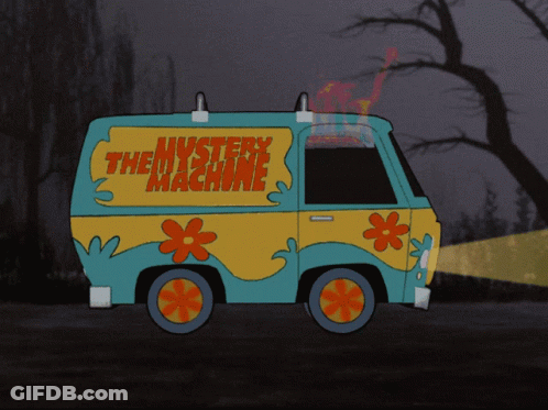 A Cartoon Van With The Words The Mystery Machine On The Side GIF