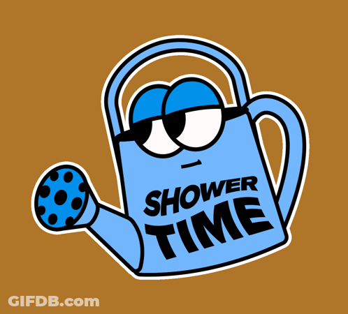 A Cartoon Watering Can With The Words Shower Time On It GIF