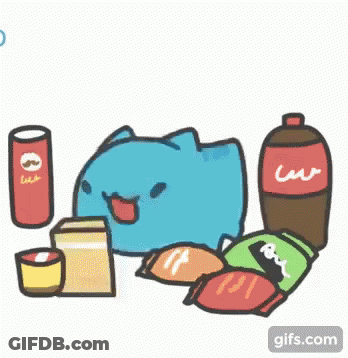 A Cartoon Whale Is Eating Chips And Drinking Soda While Laying On The Ground . GIF