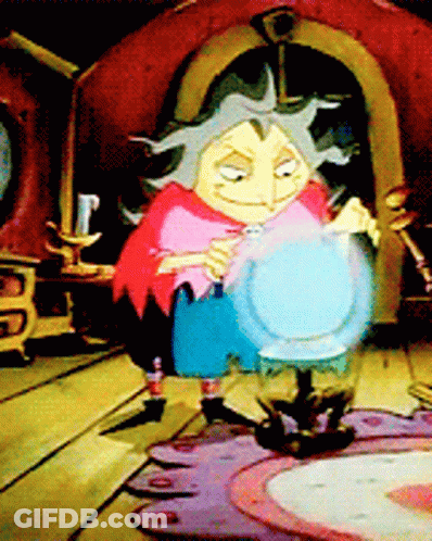 A Cartoon Witch Is Holding A Crystal Ball In Her Hands GIF