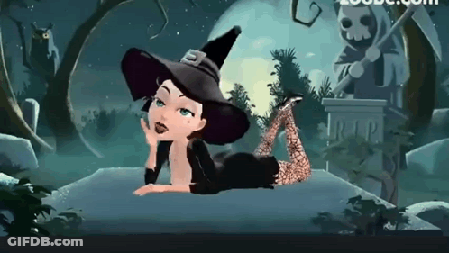 A Cartoon Witch Is Laying On Her Stomach In Front Of A Gravestone That Says Rip GIF