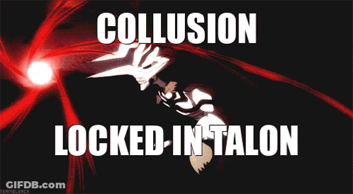 A Cartoon With The Words Collusion Locked In Talon GIF