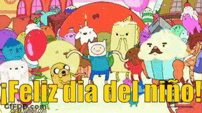 A Cartoon With The Words Feliz Dia Del Niño In Yellow Letters GIF