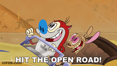 A Cartoon With The Words Hit The Open Road On It GIF