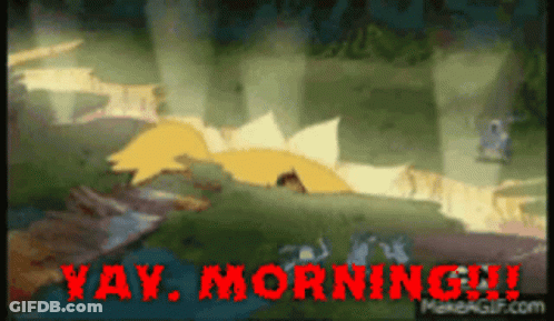 A Cartoon With The Words Yay Morning In Red Letters GIF