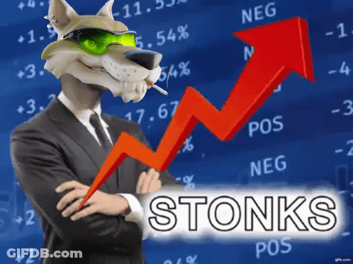 A Cartoon Wolf In A Suit Stands In Front Of A Stock Chart That Says Stoniks GIF