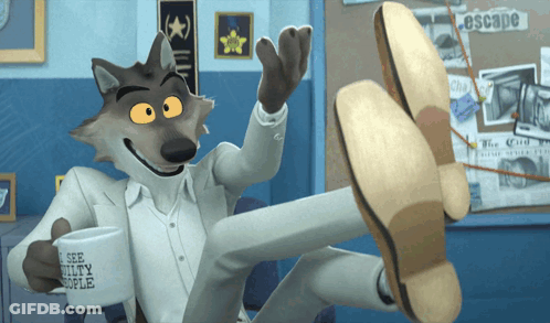 A Cartoon Wolf Is Holding A Coffee Cup That Says See Utility People GIF