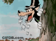 A Cartoon Wolf Is Peeking Out From Behind A Tree Trunk . GIF