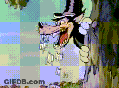 A Cartoon Wolf Is Peeking Out Of A Tree With His Mouth Open GIF