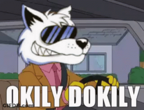 A Cartoon Wolf Wearing Sunglasses And A Suit Is Driving A Car With The Words Okily Dokily Above Him GIF