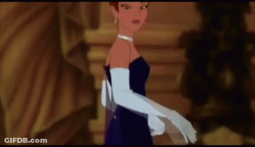 A Cartoon Woman In A Blue Dress And White Gloves Is Walking Down A Hallway . GIF