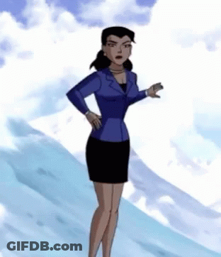 A Cartoon Woman In A Blue Jacket And Black Skirt GIF
