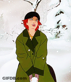 A Cartoon Woman In A Green Coat Is Standing In The Snow GIF