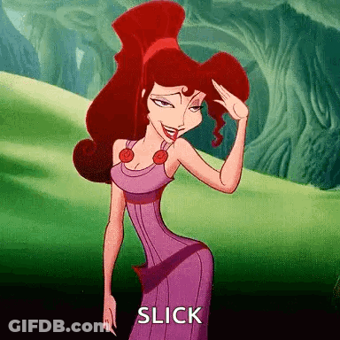A Cartoon Woman In A Purple Dress Is Standing In A Field With Her Hand On Her Head . GIF