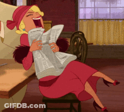 A Cartoon Woman In A Red Dress Is Laughing While Reading A Newspaper GIF