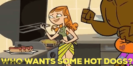 A Cartoon Woman Is Cooking Hot Dogs On A Grill While A Man Watches . GIF