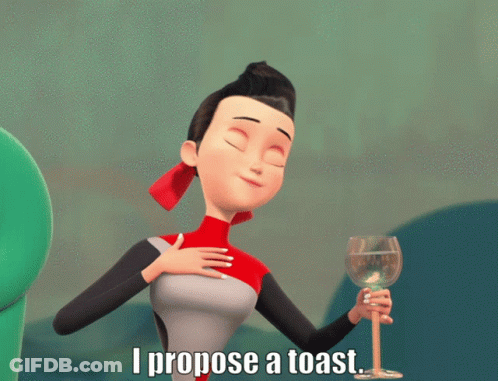 A Cartoon Woman Is Holding A Wine Glass And Says I Propose A Toast GIF