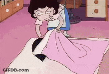 A Cartoon Woman Is Making A Bed With A Pink Blanket . GIF