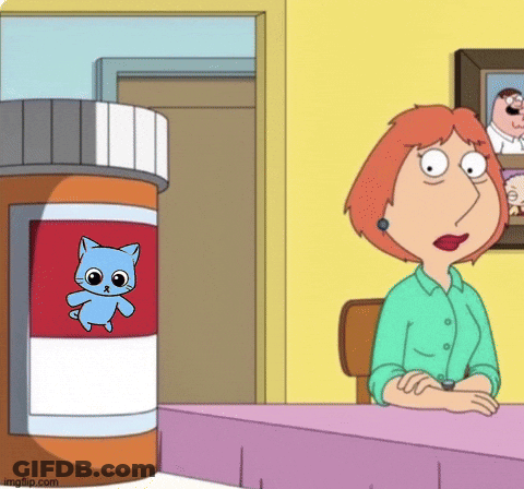 A Cartoon Woman Is Sitting At A Table Next To A Bottle Of Pills With A Blue Cat On It . GIF