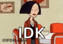 A Cartoon Woman Is Sitting At A Table With Her Eyes Closed And The Words `` Idk '' Written On The Bottom . GIF