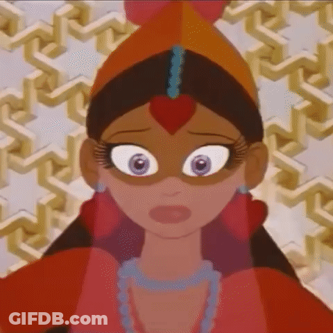 A Cartoon Woman Is Wearing A Mask And A Necklace . GIF