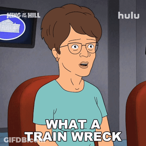 A Cartoon Woman Says What A Train Wreck On Hulu GIF