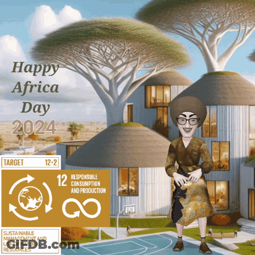 A Cartoon Woman Stands In Front Of A Building That Says Happy Africa Day GIF