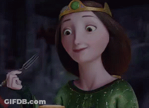 A Cartoon Woman With A Crown On Her Head Is Holding A Fork And A Plate Of Food . GIF