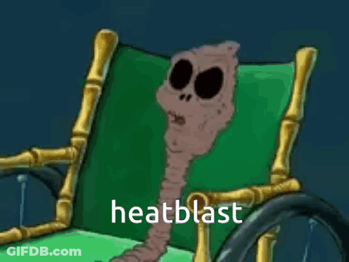 A Cartoon Worm Is Sitting In A Wheelchair With The Words Heatblast Written On The Bottom . GIF