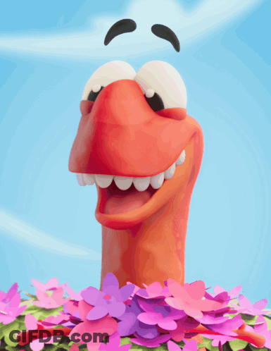 A Cartoon Worm Is Surrounded By Pink Flowers GIF